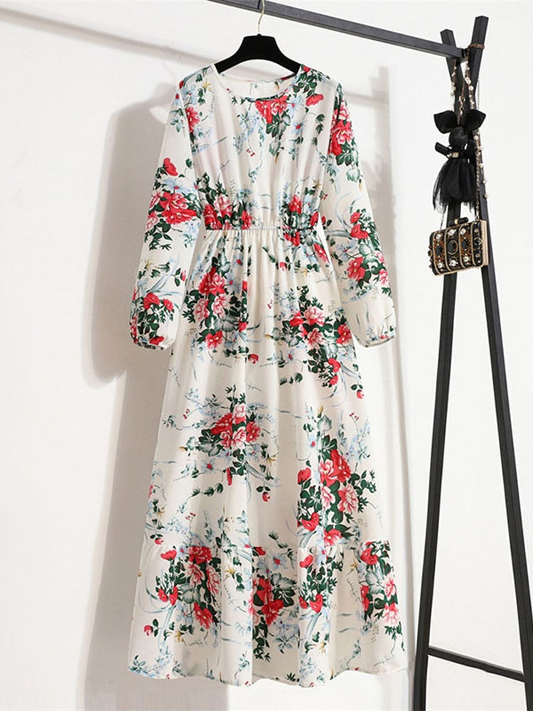 Women Elegant Floral Printed Long Dresses Spring Summer Casual O Neck Long Sleeve Ladies Chic High Waist A Line Beach Dresses