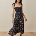 Dresses For Women 2022 Elegant Vintage Floral Dress Frill Sweetheart Neck Sleeveless Strap Tie Ruffle Hem Summer Beach Dress