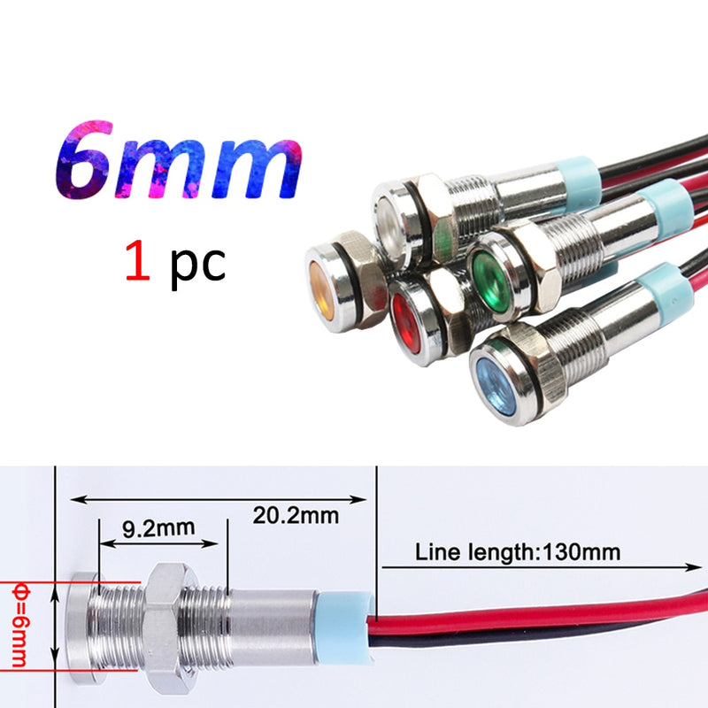 1pc 6mm 8mm 10mm 12mm Metal LED Warning indicator light Waterproof IP67 Signal Lamp Pilot Wires switch 3V 5V 12V 220V Red Blue