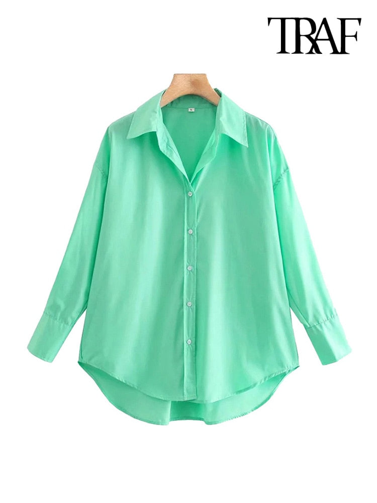 TRAF Women Fashion Loose Asymmetry Poplin Blouses Vintage Long Sleeve Button-up Female Shirts Blusas Chic Tops