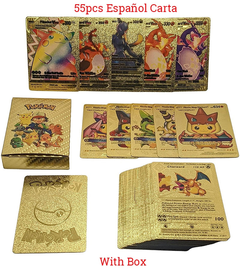 New Pokemon Cards Metal Gold Silver Vmax GX Card Box Charizard Pikachu Rare Collection Battle Trainer Card Children Toys Gift
