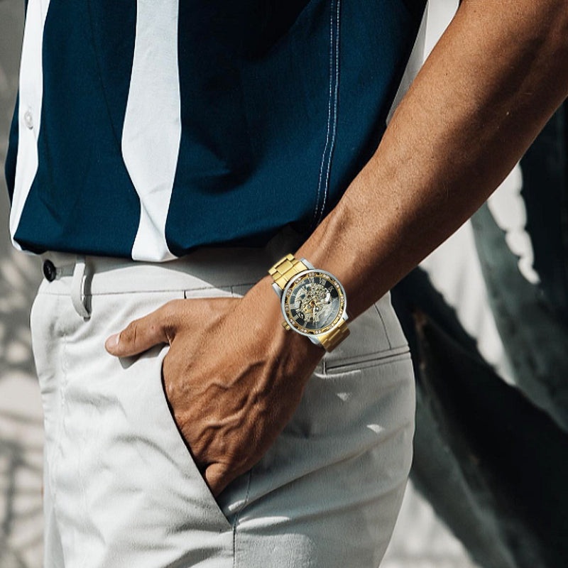 WINNER Transparent Skeleton Watch for Men Mechanical Wristwatches Diamond Watches Mens Luxury Stainless Steel Strap Unisex Clock
