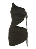 Jacqueline 2022 Drawstring Dress Summer Sets Womens Outfits Sexy One Shoulder Crop Top and Mini Skirts Sets Co-Ord Club Party