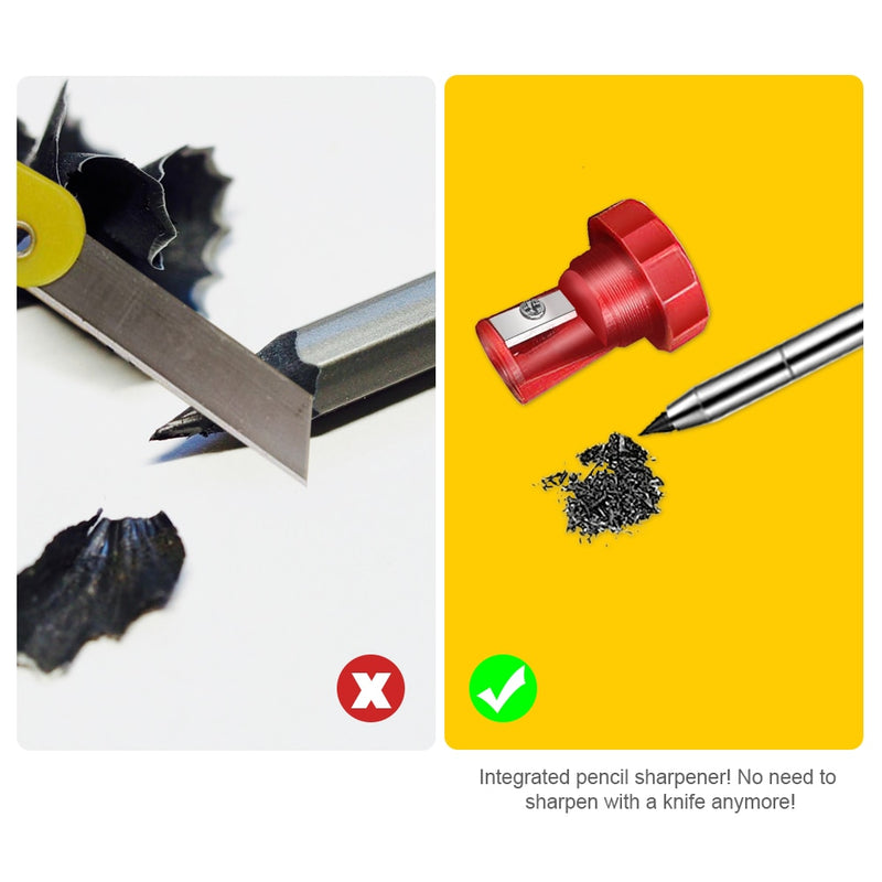 Solid Carpenter Pencil with Refill Leads and Built-in Sharpener for Deep Hole Mechanical Pencil Marker Marking Woodworking Tools