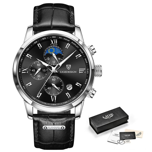 LIGE Men Watches Waterproof Luminous Top Brand Luxury Leather Casual Sports Quartz Wristwatch Military Man Watch For Men relogio