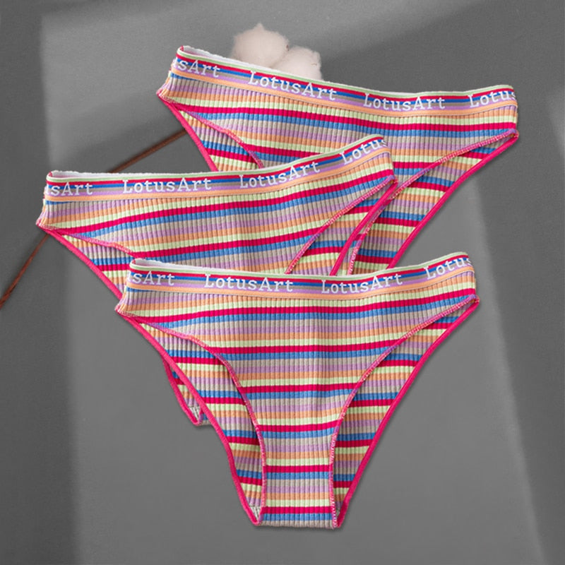 FINETOO 3Pcs/Set Colorful Stripes Panties Women&