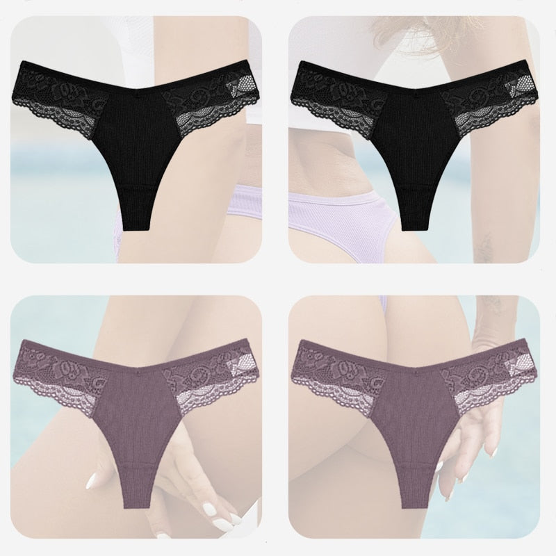 4PCS/Set Sexy Women Cotton Panties Lace Thong Underwear for Female Intimates Lingerie T-Back Floral Hollow Out Plus Size Panties