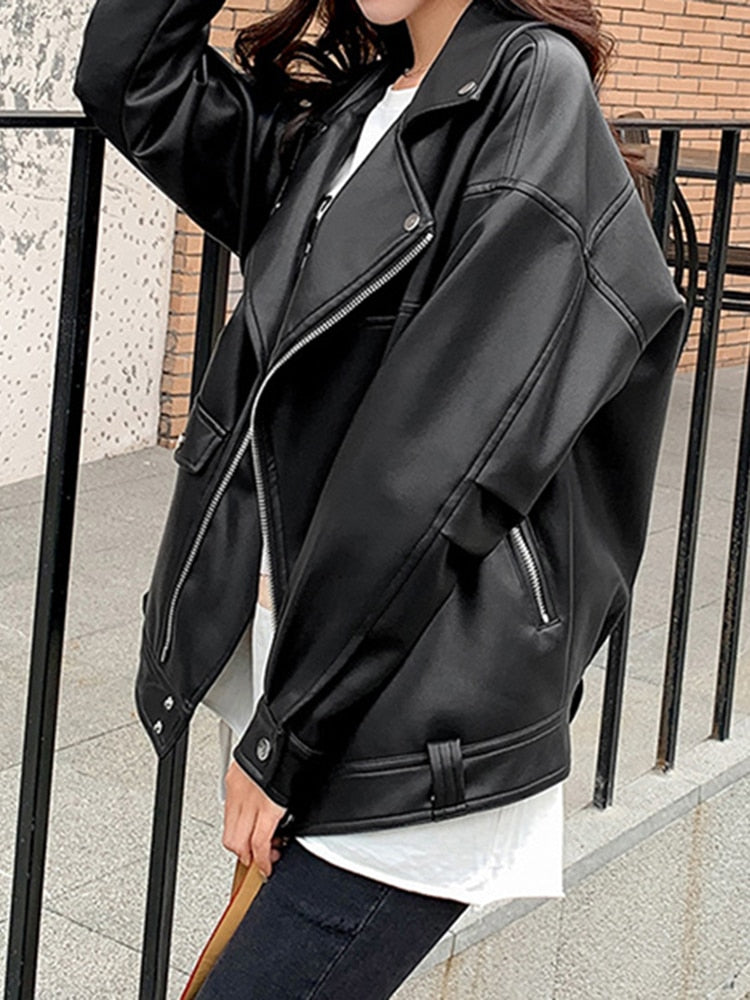 Sungtin Faux Leather Jacket Women Casual PU Loose Motorcycle Jackets Female Streetwear Oversized Coat Korean Chic New Spring