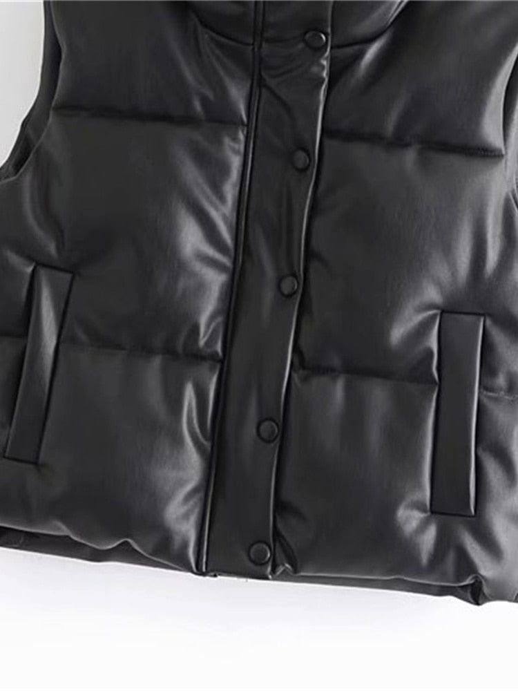 TRAF Women 2021 Fashion Leather Cotton Pocket Padded Waistcoat Vintage Sleeveless Female Outerwear Streetwear