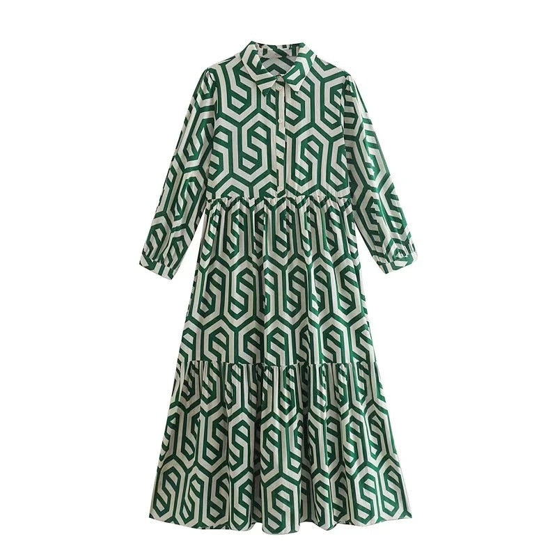 ZEVITY New Women Vintage Geometric Print Pleats Casual Slim Midi Shirt Dress Female Chic Pleats Ruffles A Line Vestido DS395