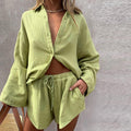 Women Casual Tracksuit Shorts Set Summer Long Sleeve Shirt Tops And Mini Drawstring Shorts Suit Lounge Wear Two Piece Set