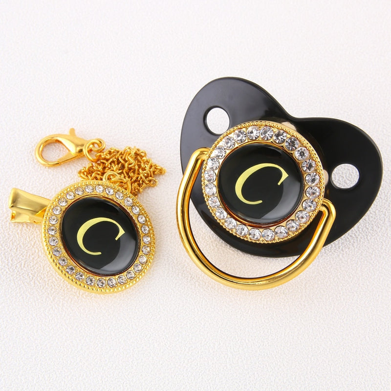 Black Bling Baby Pacifier And Clip Alphabet Letter M Infant Pacifier Gold Letter Unique Name Initials Baby Shower Gift