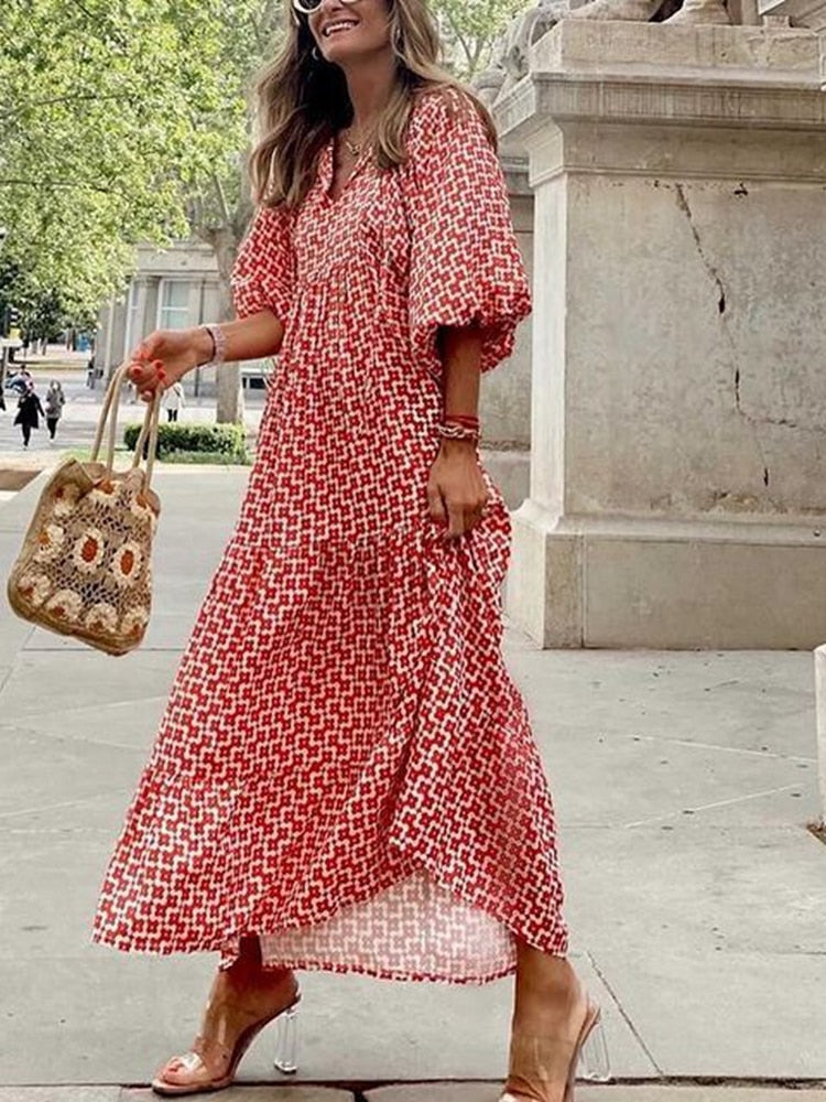 Boho Maxi Dress Women Floral Print Summer Holiday Beach Dress Female Short Puff Sleeve Loose Sundress Green Vestidos Mujer