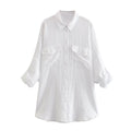 PB&amp;ZASpring 2022 Women&#39;s Versatile Long Sleeve Lapel Front Patch Pockets Side Slit Hem Buttoned Closure Linen Shirt