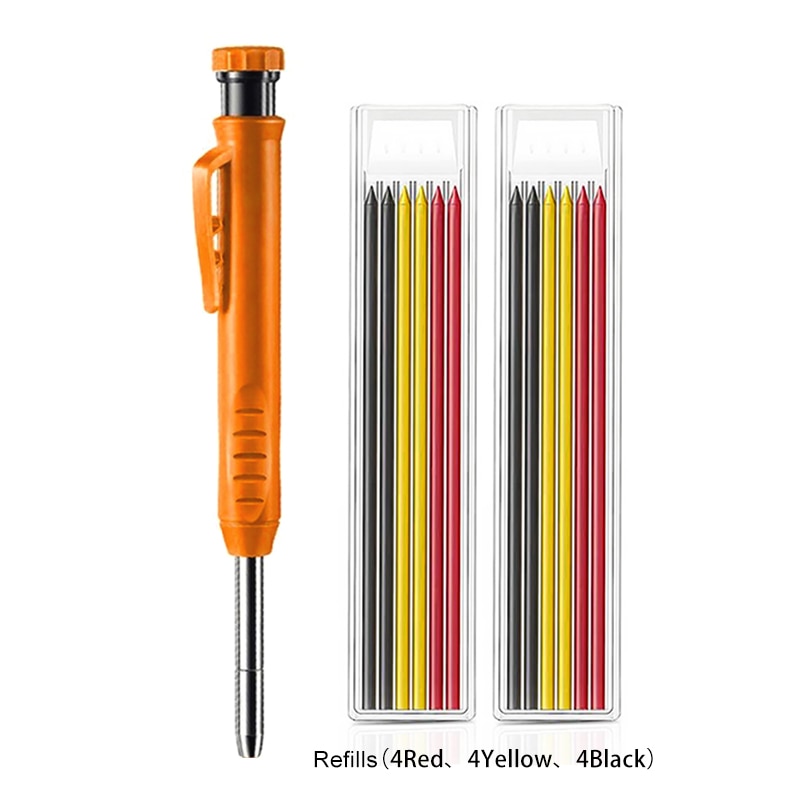 Solid Carpenter Pencil with Refill Leads and Built-in Sharpener for Deep Hole Mechanical Pencil Marker Marking Woodworking Tools
