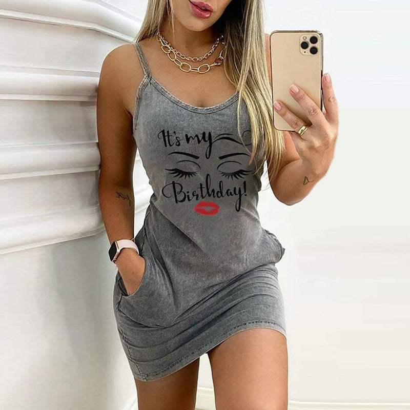 Sexy Straps Dress Women Summer Fashion Letter Print Pocket O Neck Sleeveless Party Dress Casual Slim Backless Ladies Mini Dress