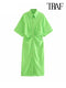 TRAF Women Chic Fashion Button-up Draped Midi Shirt Dress Vintage Short Sleeve Side Zipper Female Dresses Vestidos