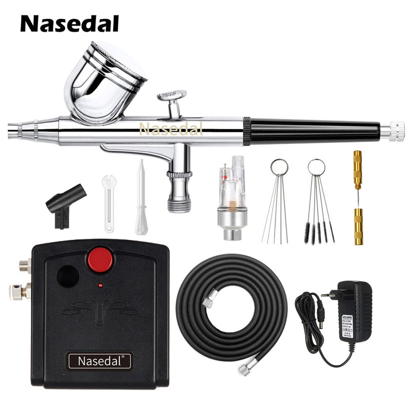 Nasedal NT-19 Dual-Action Airbrush Compressor Kit 0.3mm Airbrush Spray Gun for Nail Airbrush Model Cake Car Fish Shoes Painting