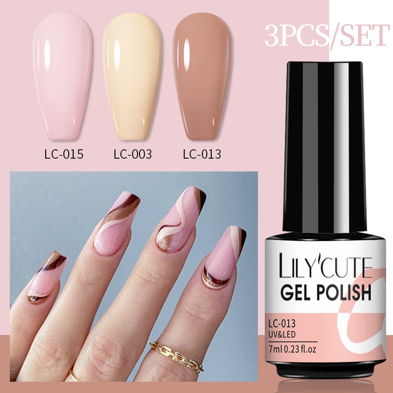 LILYCUTE 3 PCS Gel Nail Polish Set Nude Pink Glitter Sequins Matte Effect Gel Long Lasting Base Top Coat Nail Art Design Hybrid