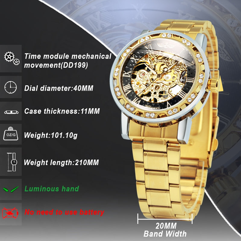 WINNER Transparent Skeleton Watch for Men Mechanical Wristwatches Diamond Watches Mens Luxury Stainless Steel Strap Unisex Clock