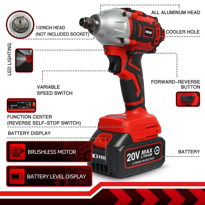 WOSAI 20V Cordless Brushless Electric Wrench Impact Wrench Socket Wrench 320N.m Li-ion Battery Hand Drill Installation