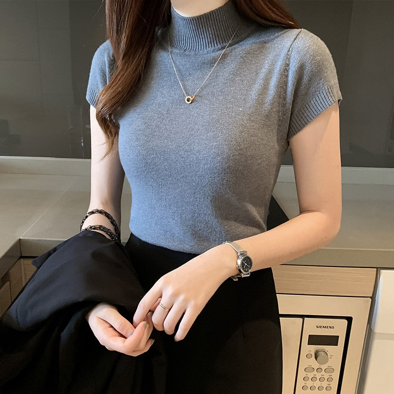 Womens Tops And Blouses Summer Short Sleeve Blouse Women Blusas Mujer De Moda 2021 Turtleneck Knitted Blouse Shirt Tops C931