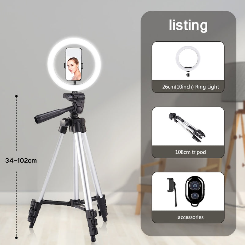10&quot; 26cm LED Selfie Ring Light Photography Video Light RingLight Phone Stand Tripod Fill Light Dimmable Lamp Trepied Streaming