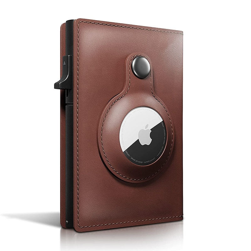 Smart Air Tag Wallet with RFID Slim Design Premium Crazy Horse Leather Pop Up Credit Card Holder Does Not Include Air Tag