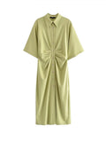 TRAF Women Chic Fashion Button-up Draped Midi Shirt Dress Vintage Short Sleeve Side Zipper Female Dresses Vestidos