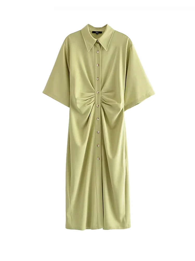 TRAF Women Chic Fashion Button-up Draped Midi Shirt Dress Vintage Short Sleeve Side Zipper Female Dresses Vestidos