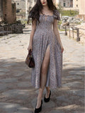 NewAsia Floral Print Dress Sweet Square Neck Puff Sleeve Side Spilt Drawstring Maxi Dresses for Women Party Chic Casual Outfits