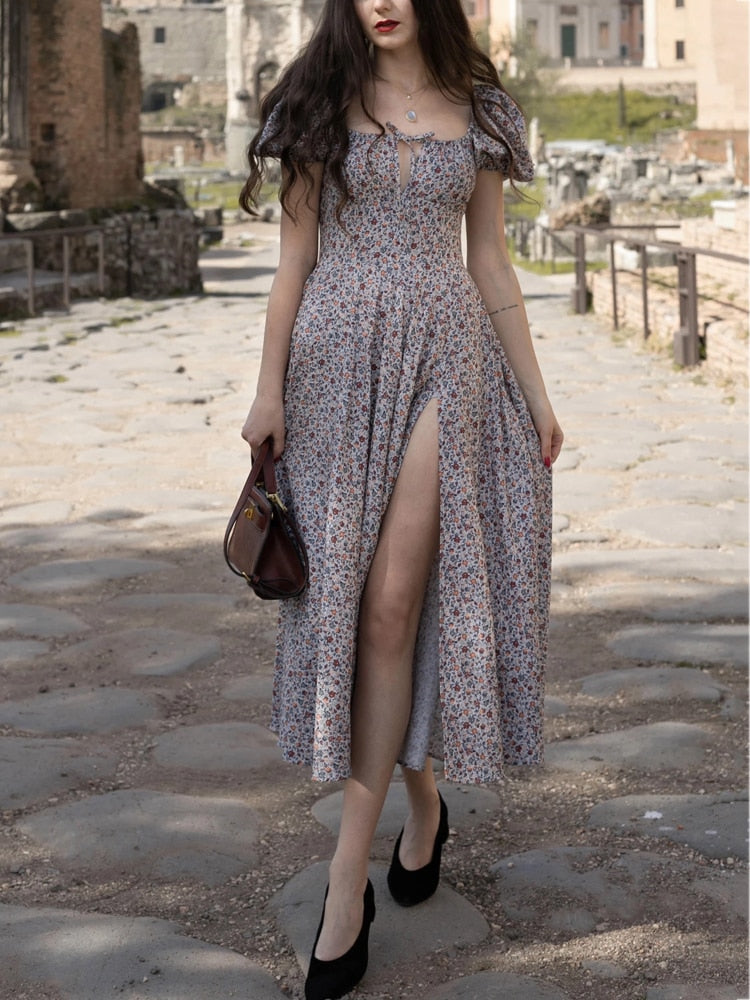NewAsia Floral Print Dress Sweet Square Neck Puff Sleeve Side Spilt Drawstring Maxi Dresses for Women Party Chic Casual Outfits