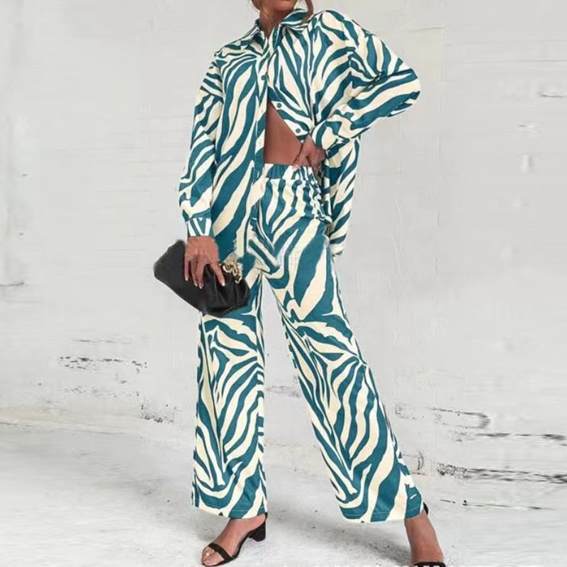 Summer Fashion Printed Loose Long Sleeves Shirts Straight Pants Two Piece Suits New Streetwear Women&