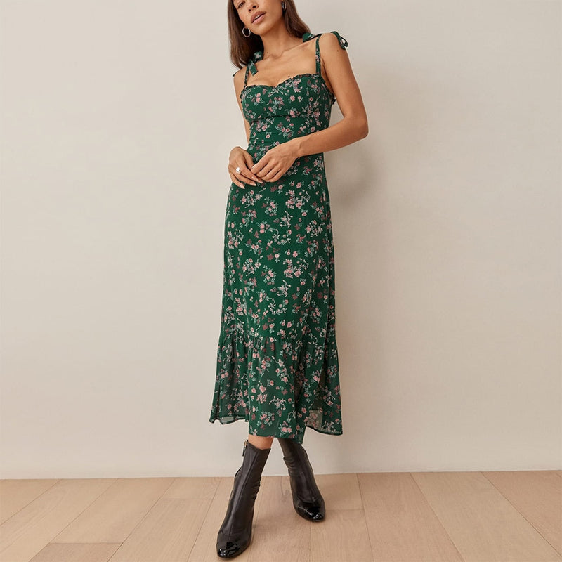 Dresses For Women 2022 Elegant Vintage Floral Dress Frill Sweetheart Neck Sleeveless Strap Tie Ruffle Hem Summer Beach Dress