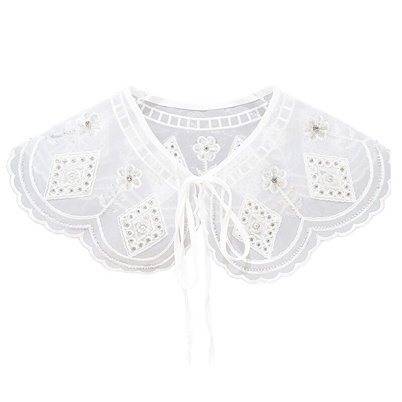 Royal Style Cotton Fake Collar Shawl Wrap Hollow Out Floral Lace Ruffled Trim Necklace Pointed Triangle Lapel Blouse