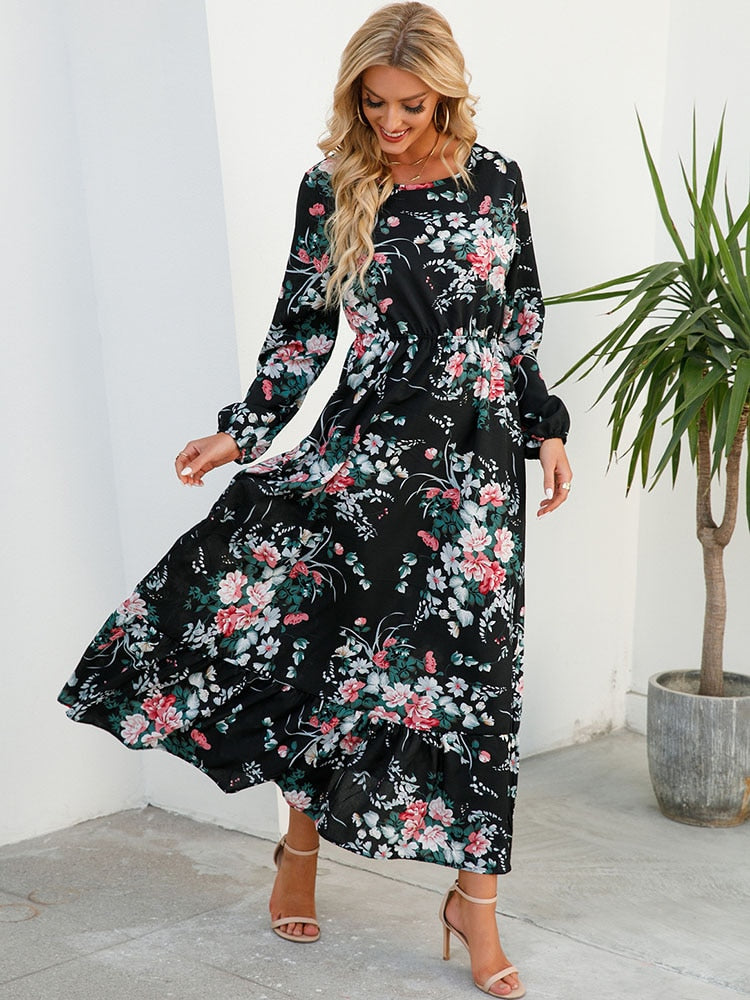 Women Elegant Floral Printed Long Dresses Spring Summer Casual O Neck Long Sleeve Ladies Chic High Waist A Line Beach Dresses
