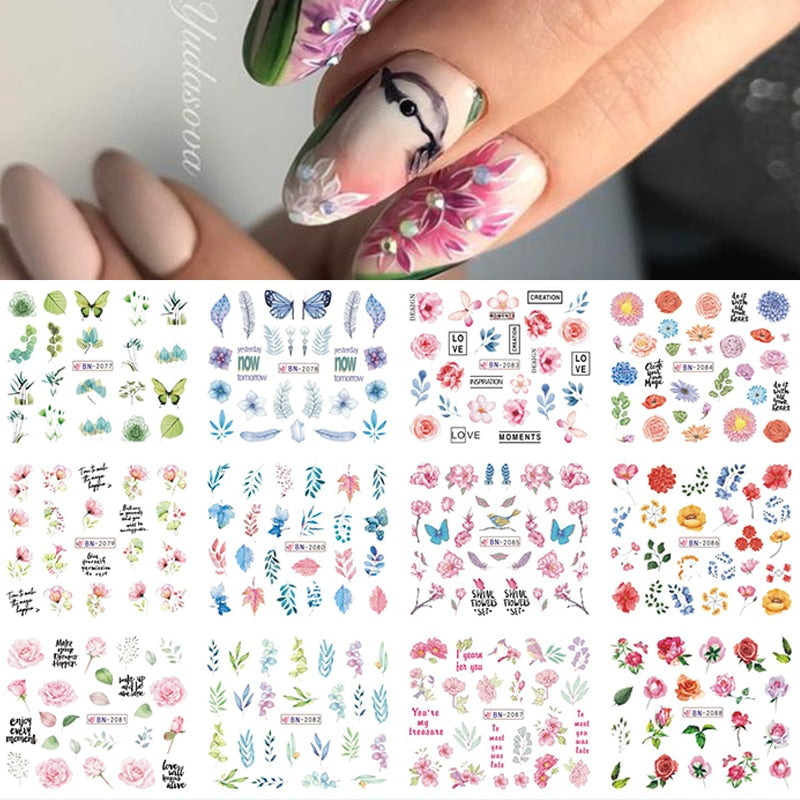 12 Designs Nail Stickers Set Mixed Floral Geometric Nail Art Water Transfer Decals Sliders Flower Leaves Manicures Decoration