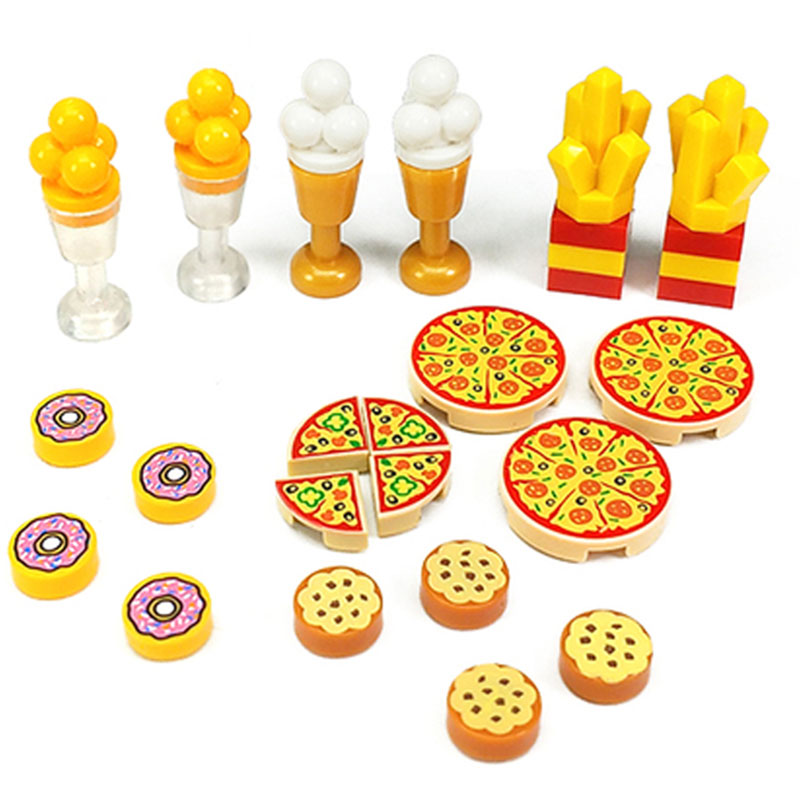 Food Building Blocks City Friend Accessories Bread Chips Roast Chicken Pizza Hot Dog Fish Fruit Carrot Basket Classic DIY Bricks