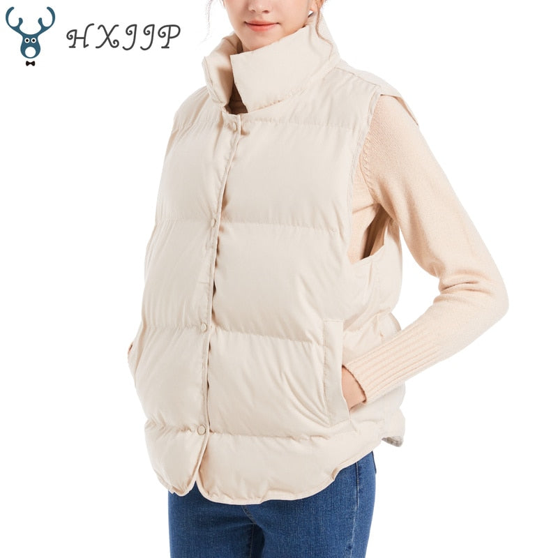HXJJP Down Cotton Sleeveless Jackets Women Short Puffer Inflatable Vest Autumn Winter Loose Outerwear Bread Waistcoat 709