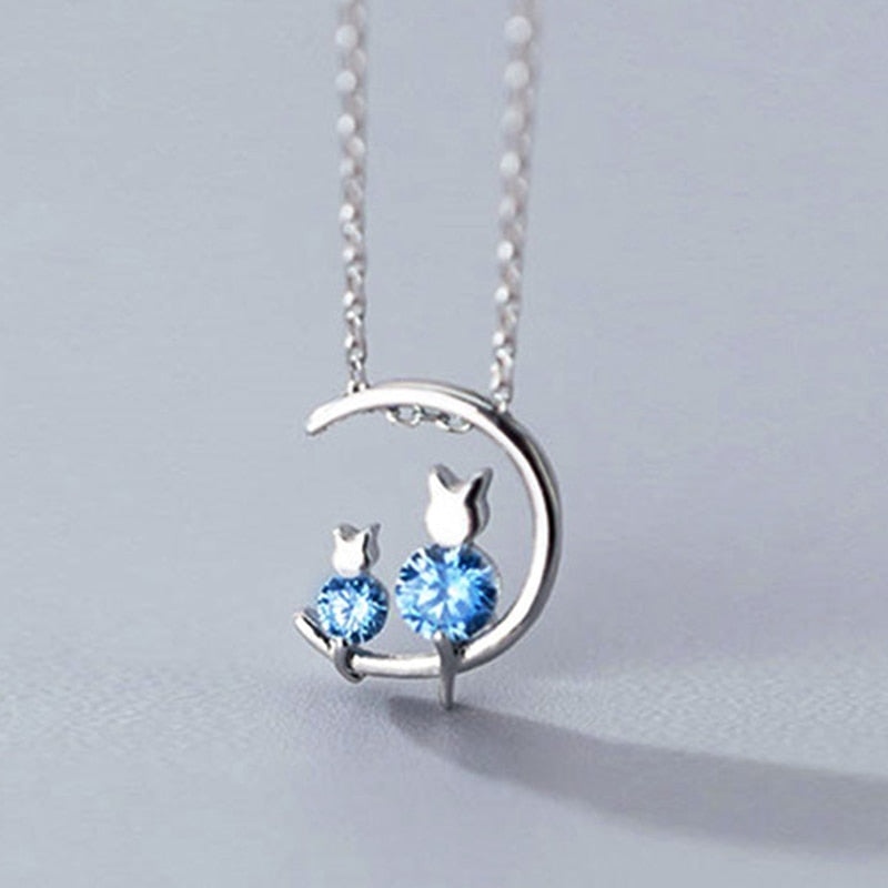 1pcs Korean Style Blue Crystal Moon Cat 925 Sterling Silver Jewelry Temperament Personality Clavicle Chain Necklaces