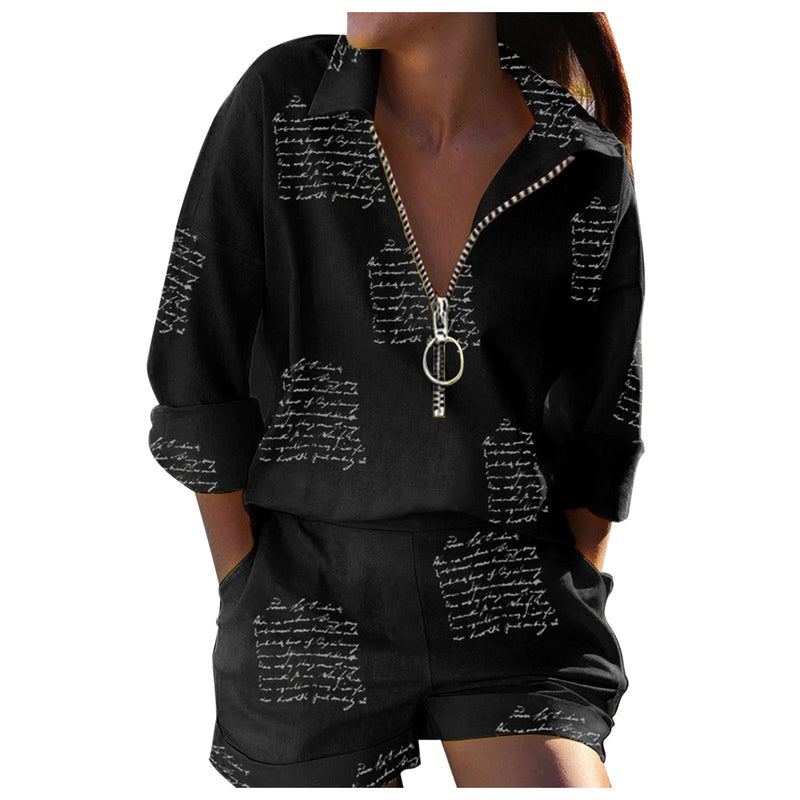 Long Sleeve Shirt &amp; Pocket Design Shorts Set Women&