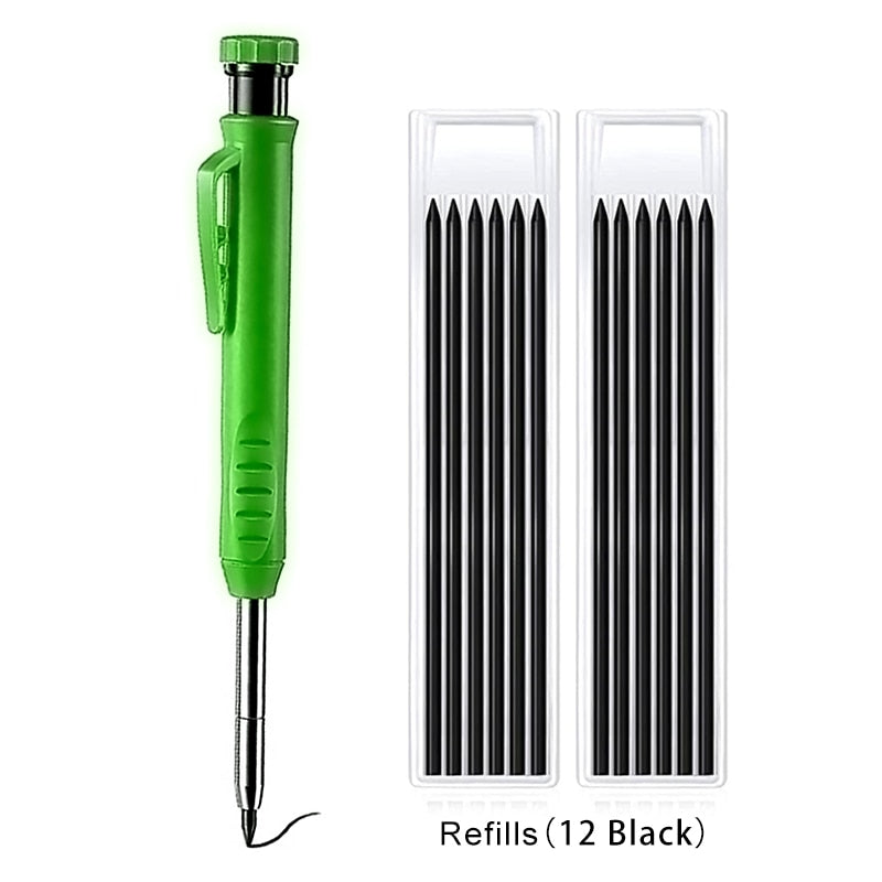Solid Carpenter Pencil with Refill Leads and Built-in Sharpener for Deep Hole Mechanical Pencil Marker Marking Woodworking Tools