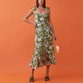 Dresses For Women 2022 Elegant Vintage Floral Dress Frill Sweetheart Neck Sleeveless Strap Tie Ruffle Hem Summer Beach Dress