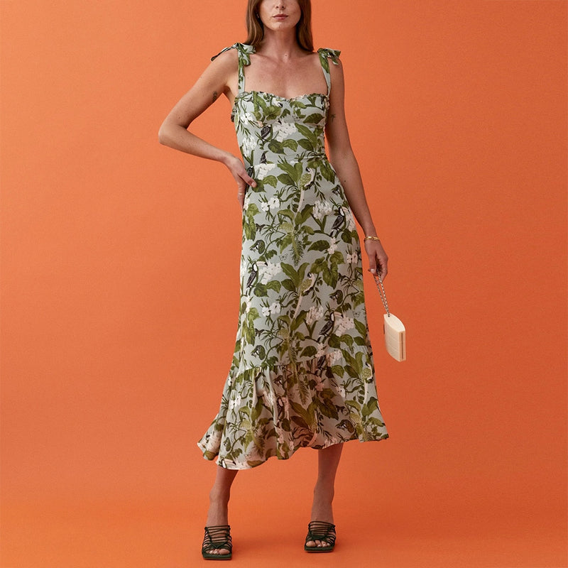 Dresses For Women 2022 Elegant Vintage Floral Dress Frill Sweetheart Neck Sleeveless Strap Tie Ruffle Hem Summer Beach Dress