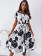 2022 Summer Balck White Print Dress Women Short Sleeve A-Line Midi Dress With Belt Bandage Party Dresses Vestidos Mujer Verano
