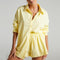 Women Casual Tracksuit Shorts Set Summer Long Sleeve Shirt Tops And Mini Drawstring Shorts Suit Lounge Wear Two Piece Set