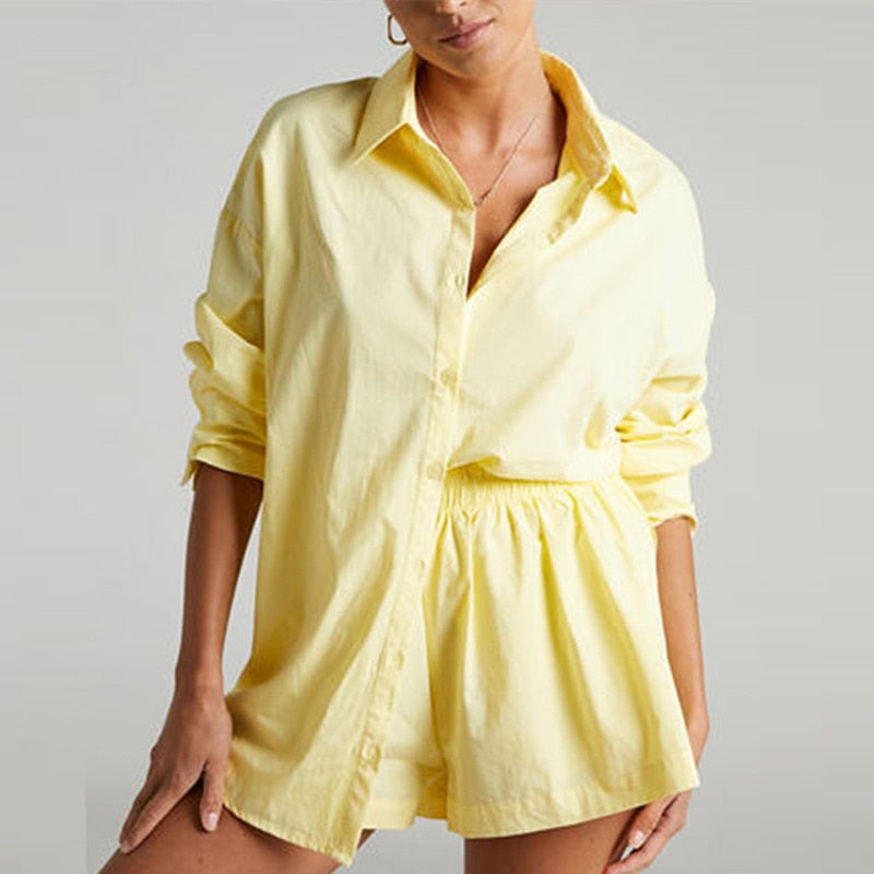 Women Casual Tracksuit Shorts Set Summer Long Sleeve Shirt Tops And Mini Drawstring Shorts Suit Lounge Wear Two Piece Set