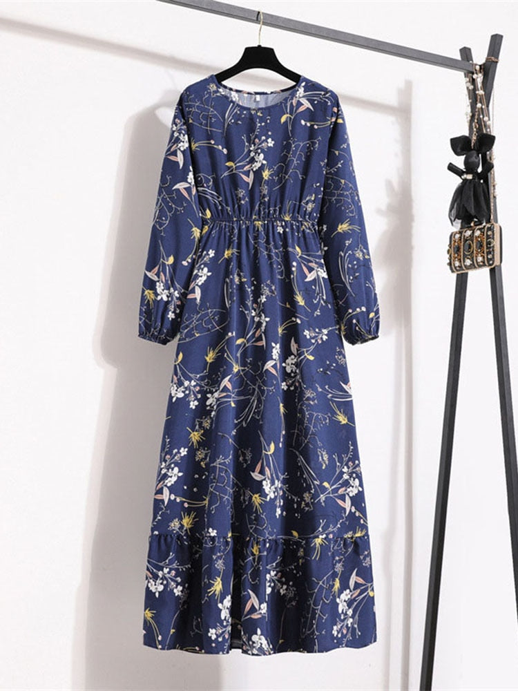 Women Elegant Floral Printed Long Dresses Spring Summer Casual O Neck Long Sleeve Ladies Chic High Waist A Line Beach Dresses