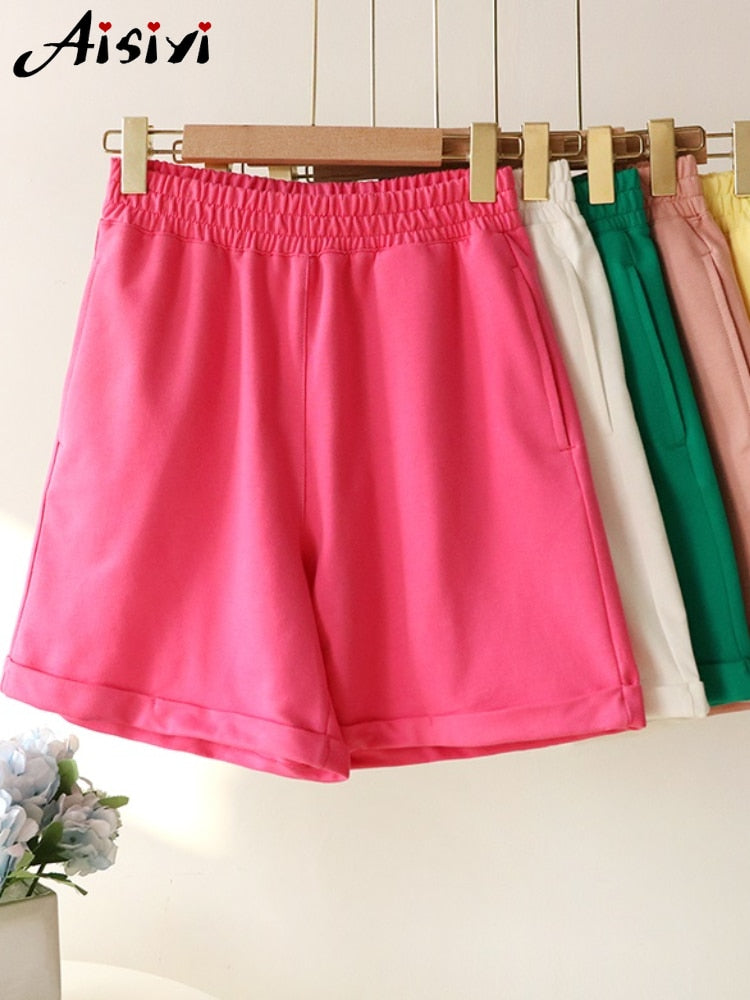 Summer Cotton Tracksuit Women Spring Loose Two Piece Sets Casual Long Sleeve  Sweatshirt &amp; Elastic Waist Shorts Female Outfits