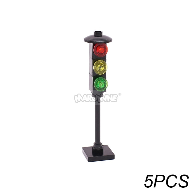 Marumine Traffic Road Sign Light Lamp Block Brick City Street View Accessories Signpost Barrier Speed Limit Indicator Warning